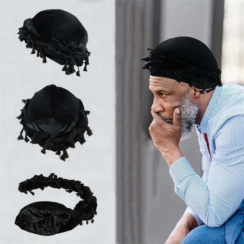 

Summer Men Beanie Hat Punk Burr Trim Twisted Tail Fringe Cotton Bandana Hat Hop Turban Hats Head Wrap Cap Solid Color Docker Hat