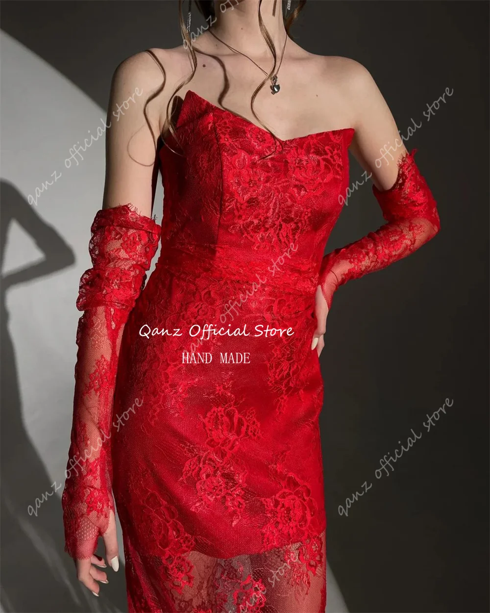 Qanz Red Lace Appliques Evening Dresses Detachable Long Sleeves Mermaid Prom Dresses 2024 Strapless Open Back Sexy Party Gown