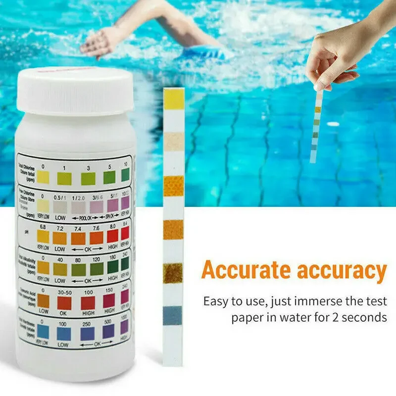 50 Stück/Flasche 6-in-1 Schwimmbad- und Spa-Wasserteststreifen für Säure, Wasserhärte, Chlor, Alkalität, pH-Wert, Cyanursäure und Brom – Detail 1