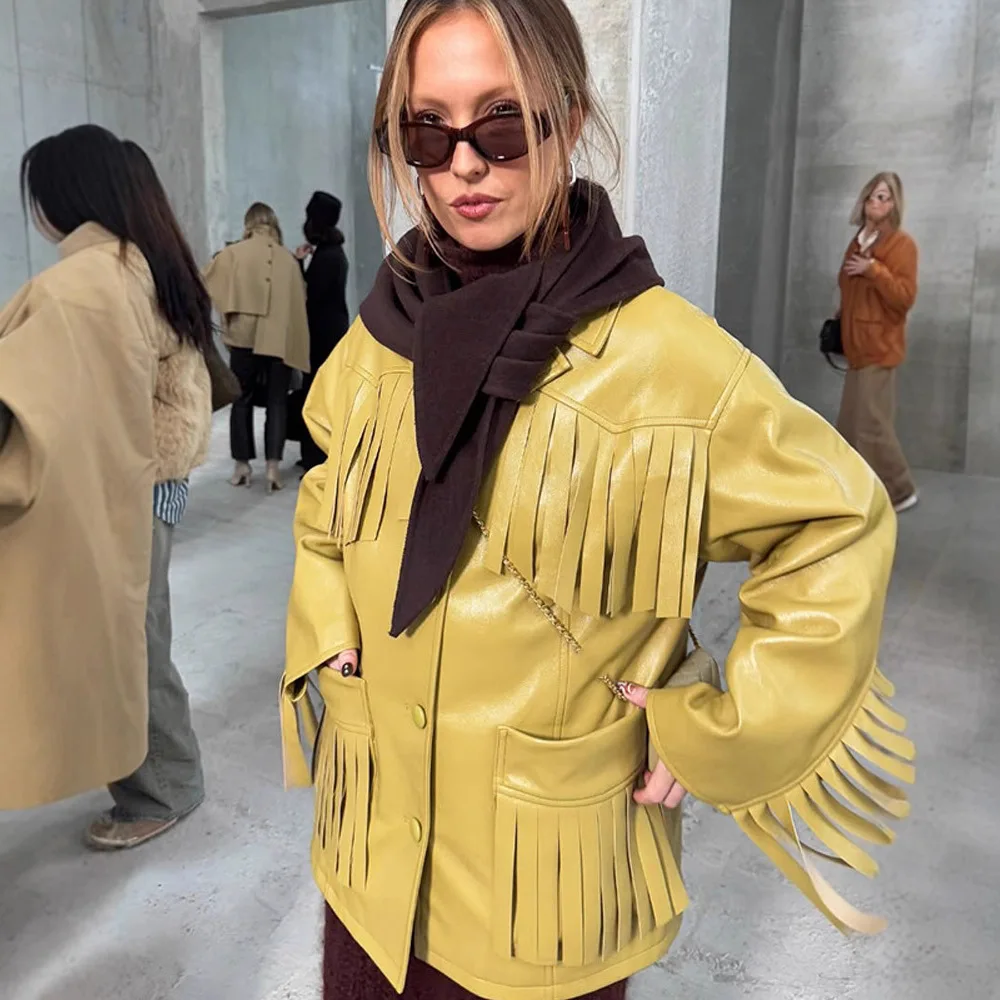 Kurtka skórzana damska w stylu streetwear, jednolity kolor, z frędzlami, nowość na jesień i zimę, styl europejski i amerykański.