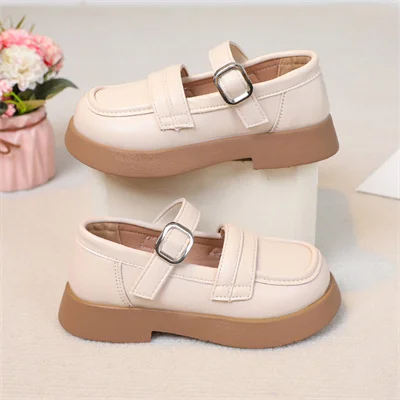 Girls British Style Black/beige Round Toe Leather Shoes, 2024 Summer New Daily Synthetic Leather Shoes Size:26-37