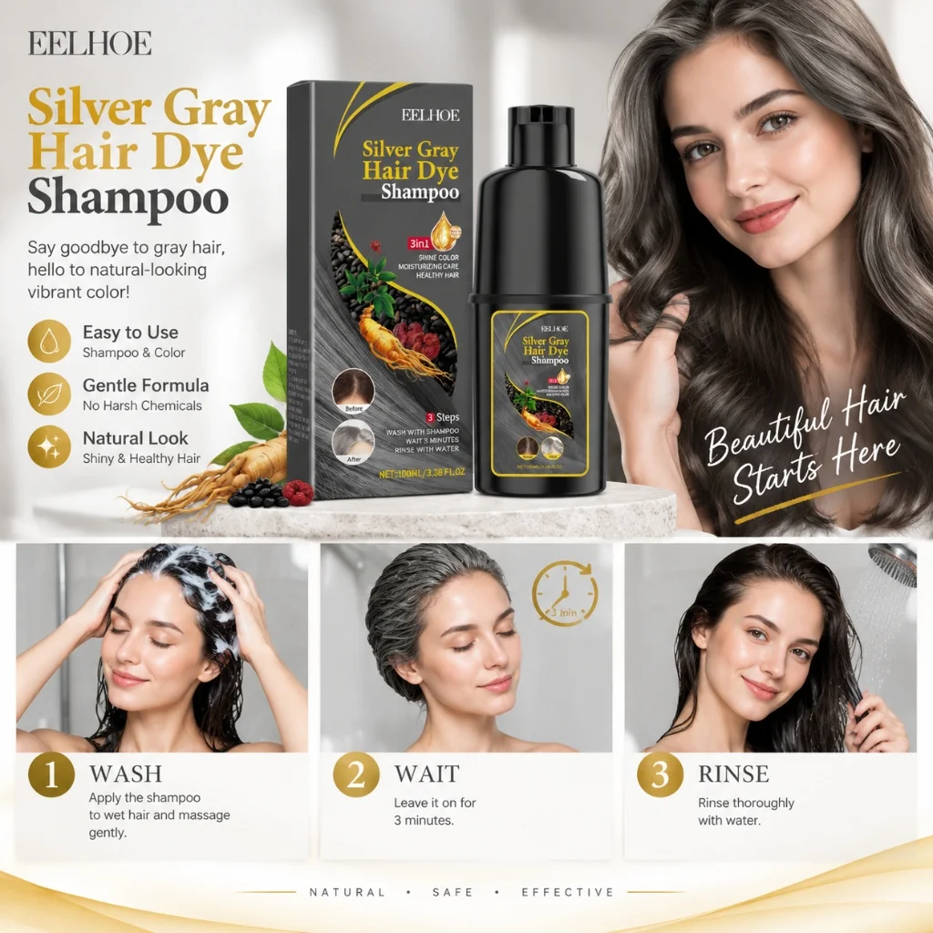 Silver Gray Hair Dye Shampoo 3 in 1 Gentle Hair Color Shampoo Moisturizing Shiny Smooth Long Lasting for Healthier Looking Hair - view 5