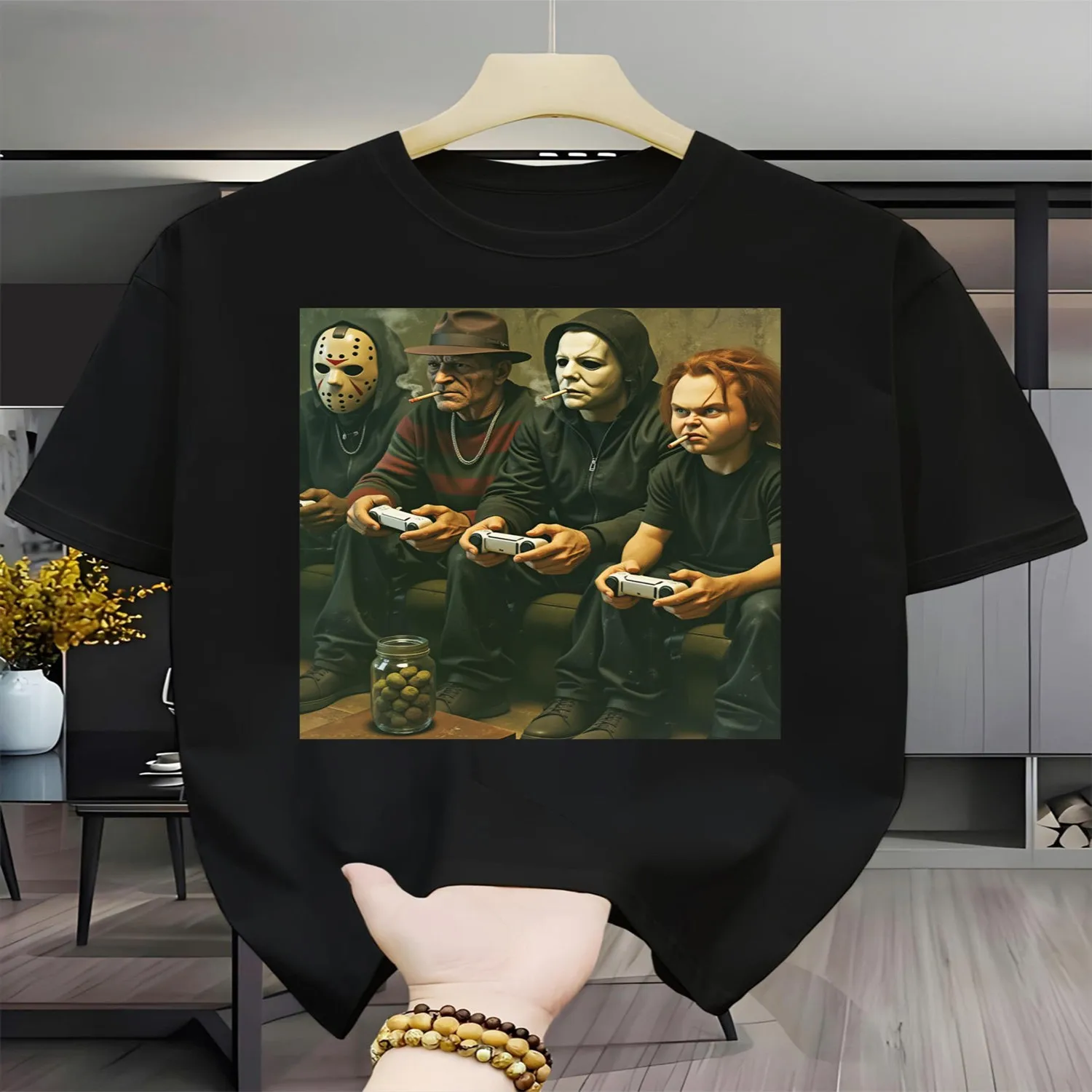 Halloween Characters Playing Video Games Men's Casual Short-Sleeve Crew Neck T-Shirt Outdoor Short-Sleeve Casual Breathable T-Shirt High-Quality Printed Crew Neck Slightly Stretchy T-Shirt Easy t Casual T-shirt, Minimalist Tee,