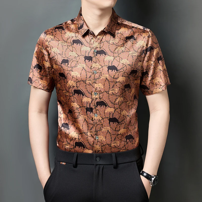 Silk 90%&Elastane 10% Shirts For Men Short Sleeve Premium Casual Summer Coolness Quality Skin-Friendly Fashion Camisas De Hombre