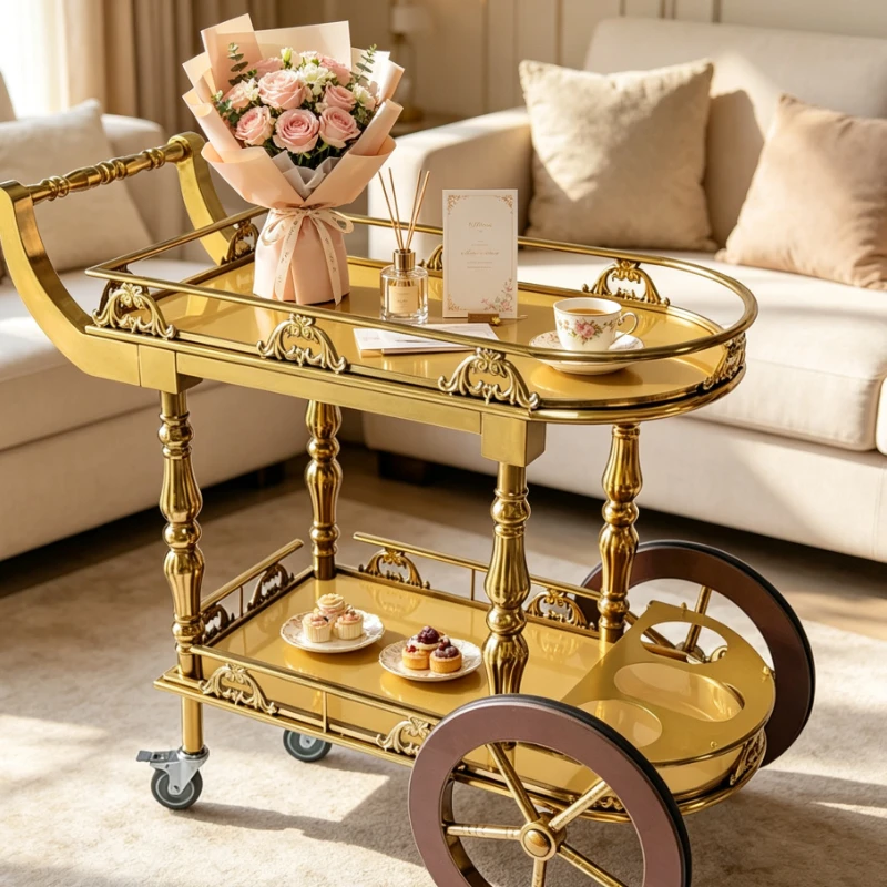 Luxury European Style Gold Metal Serving Cart with Large Wheels for Hotel Bar Restaurant Home Tea Wine Display Trolley