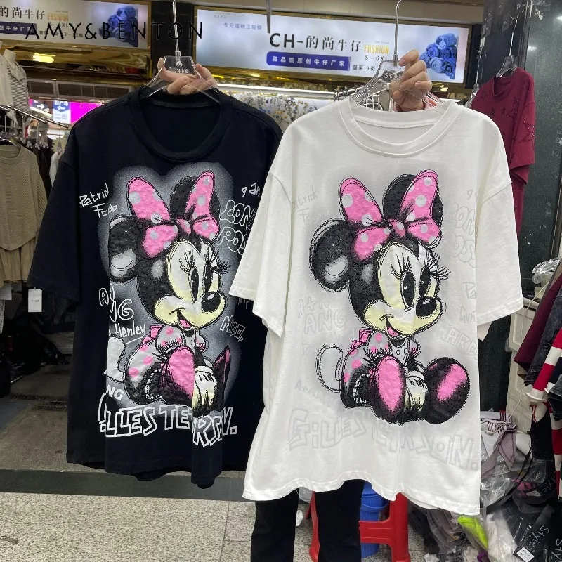 

2026 Spring New Heavy Rhinestone T-shirt for Women's Kawaii Cute Cartoon Round Neck Loose Short Sleeved Pullover Y2k Top Tshirts