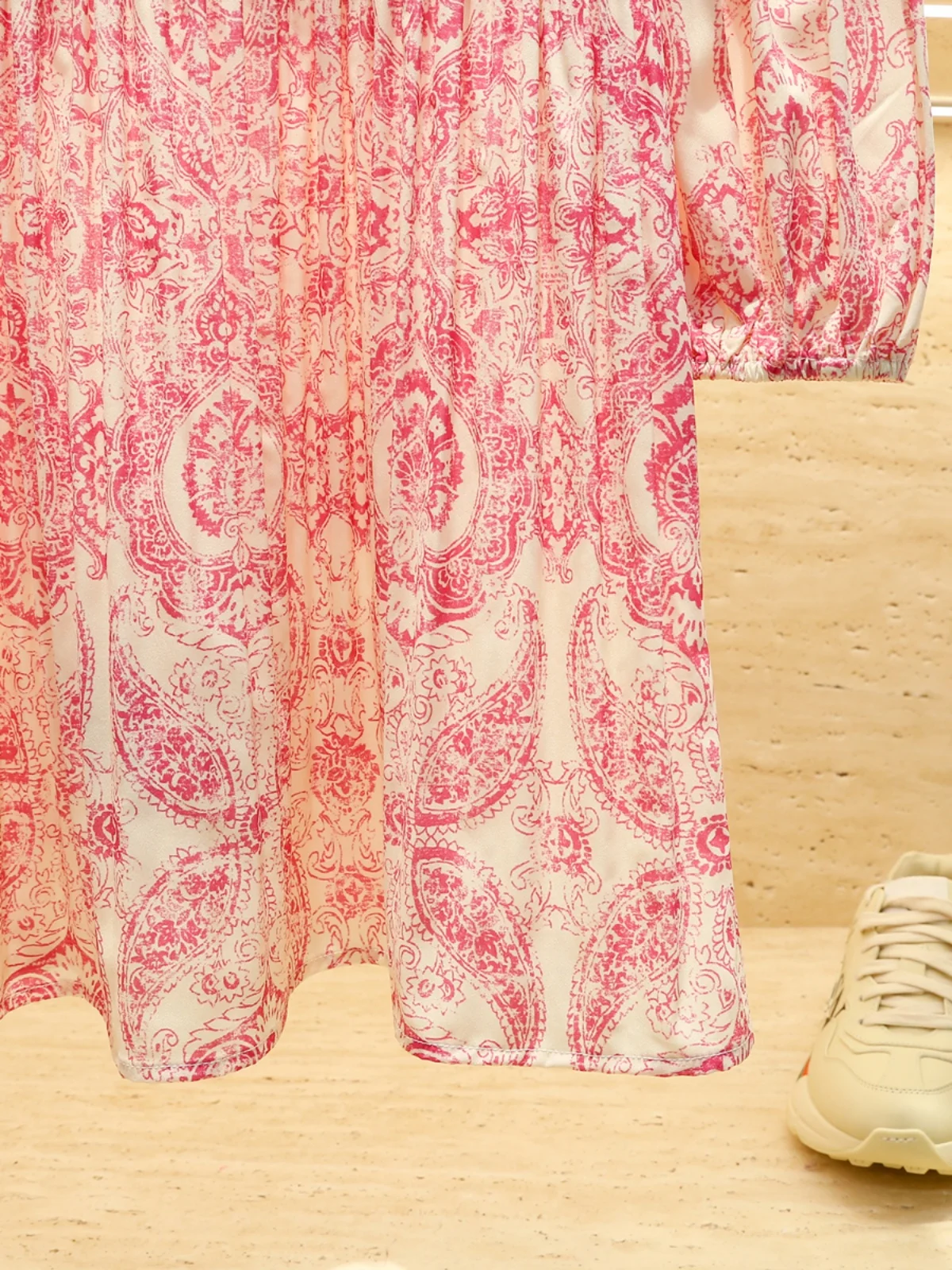 Mホームナンユー高級婦人服ピンク花柄プリントギャザーウエストドレス春秋シーズンファッションハイウエストAラインスカート