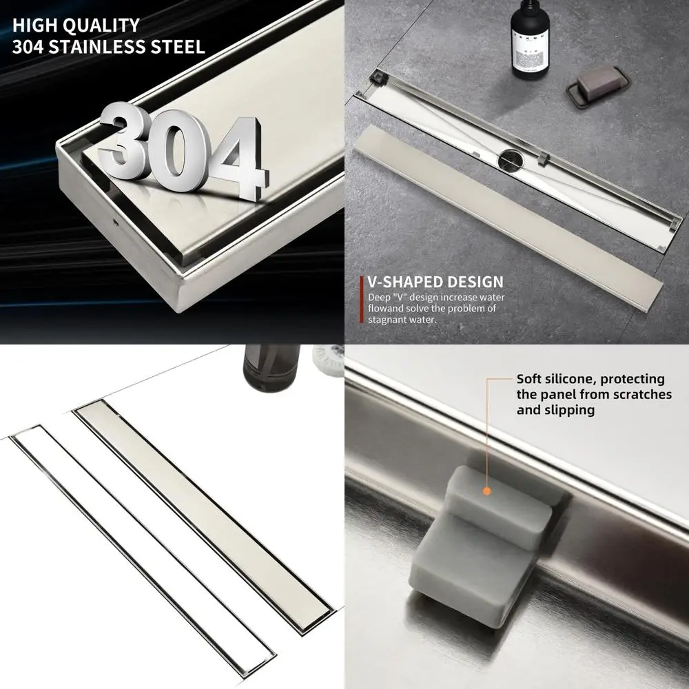 

28 Brushed 304 Stainless Rectangle Shower Drain with Reversible Tile-In Cover and Hair Catcher