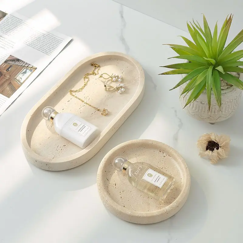 

Natural Marble Stone Tray Lime Flower Rice Round Oval Jewelry Dresser Candle Decoration Storage Tray