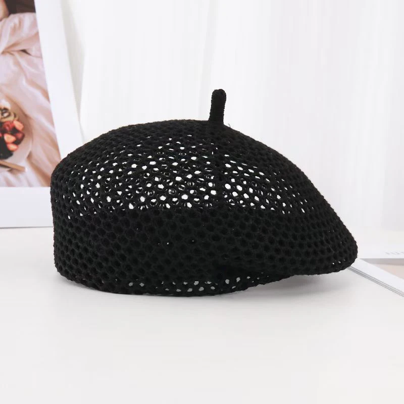 Korean Straw Woven Berets for Women Summer Thin Hollow Mesh Painter Cap Solid Color Breathable Female Lady Pumpkin Hats