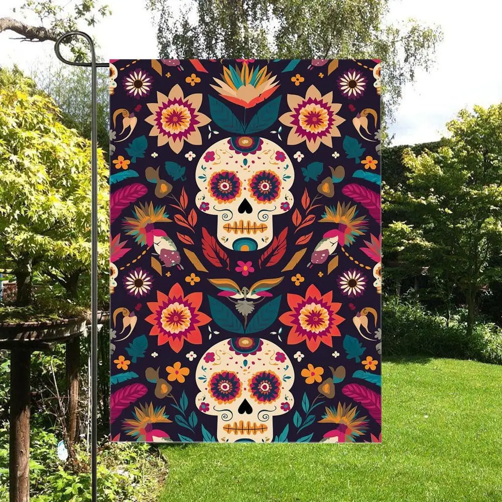 Gkyygk Sugar Skull Colorful Flowers Garden Flag Double Sided 12x18 Inch Banners Welcome Yard House Outside Outdoor Summer De WWP