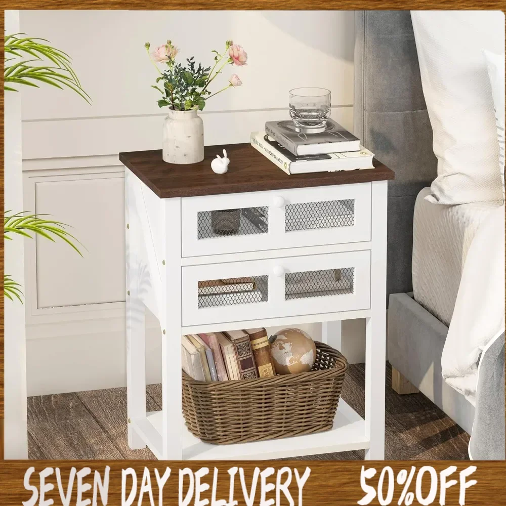 

Farmhouse End Table, Nightstands with Flip Drawer and Open Storage Shelf, Side Tables for Bedroom, Living Room, Easy Assembly