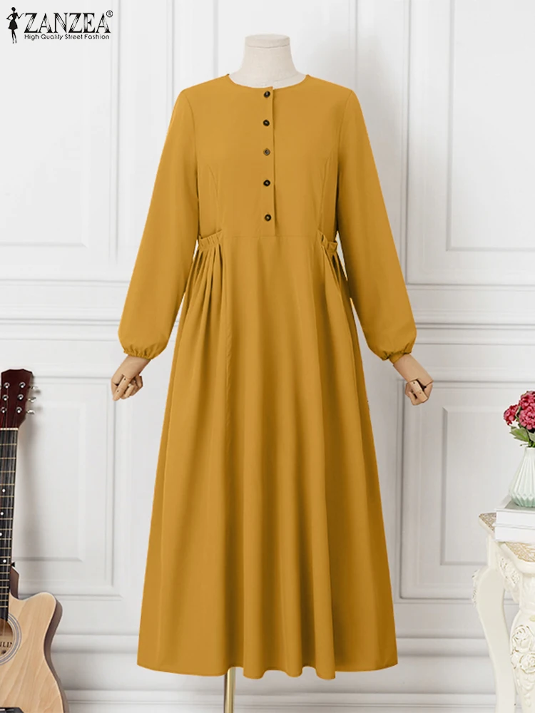 

2025 ZANZEA IsIamic Robe Eid Mubarek Muslim Abaya Dress Fashion Women Elegant Long Sleeve Dresses Solid Maxi Sundress Vestidos