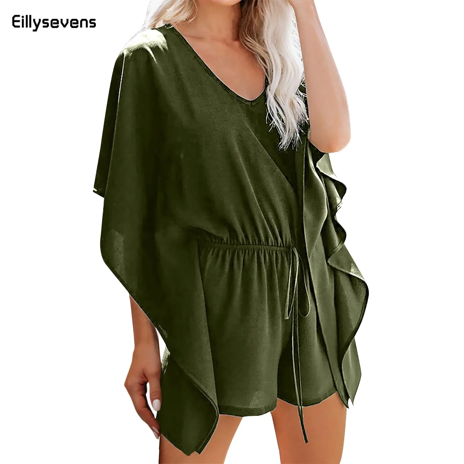 

Summer Vacation Style Short Jumpsuit Elegant European American Style Women'S High-Waisted Ruffled Sleeve One-Piece Suits