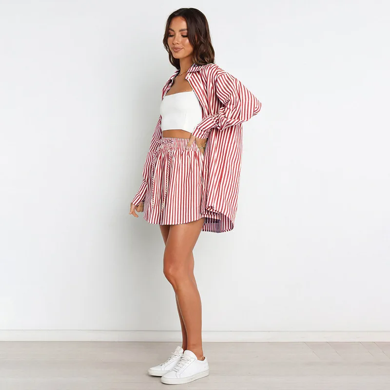 Striped Shorts Set Office Lady Shirts Long Sleeves Turn Down Collar Button Tops Summer Outfit Women Clothes Casual Two Piece Set