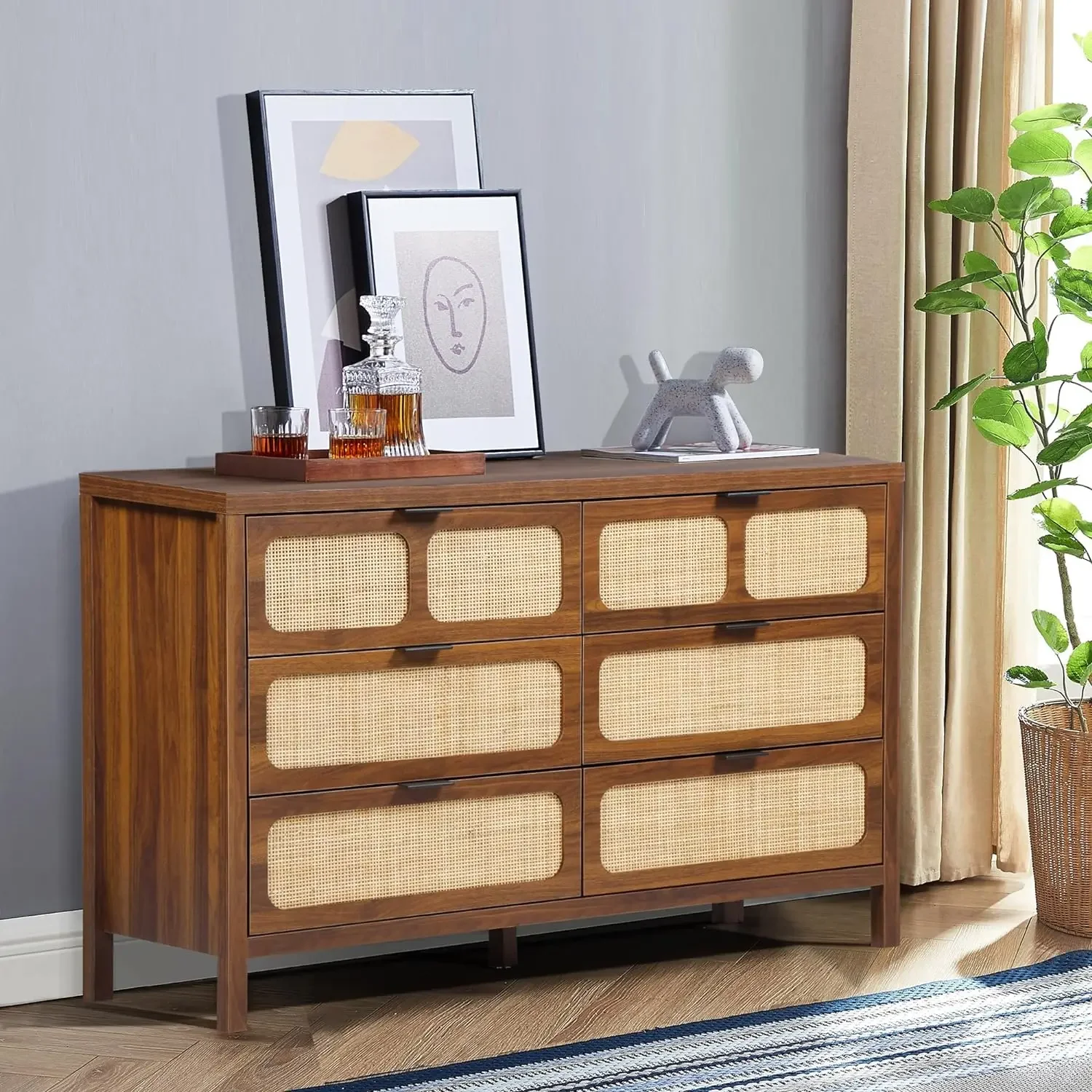 

Drawer Dresser for Bedroom, Rattan Dresser Drawer Organizer with Metal Handles, Accent Wood Chest of Drawers for Entryway