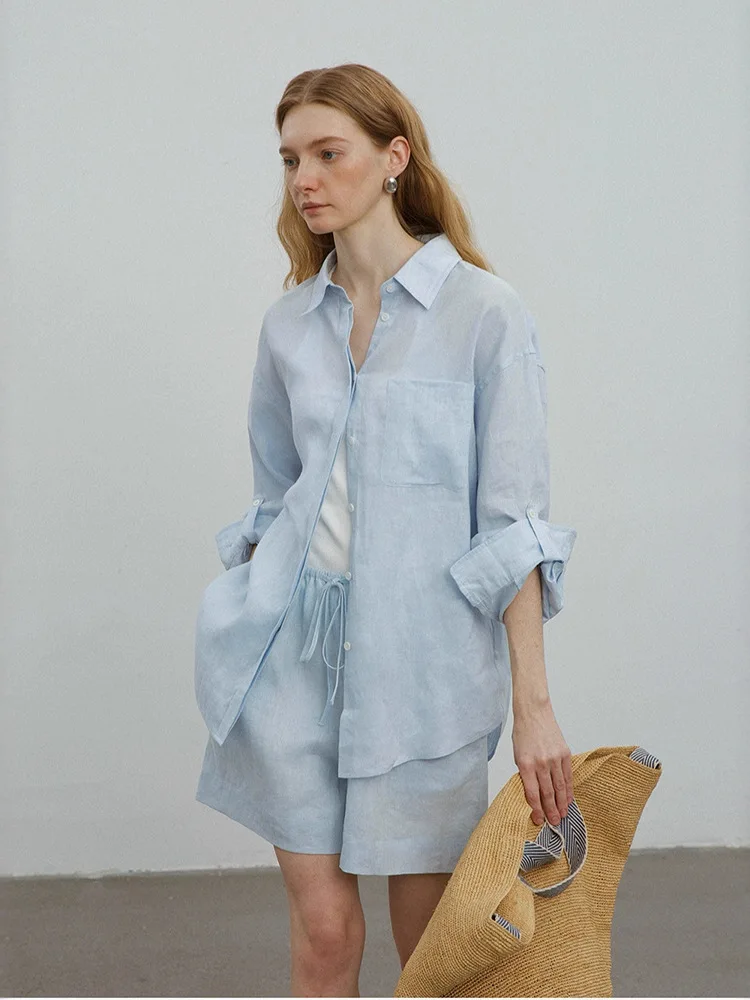 Dave&di Linen Old Money Style Sun Protection Shirt With A Lazy And Loose Linen Drawstring Shorts