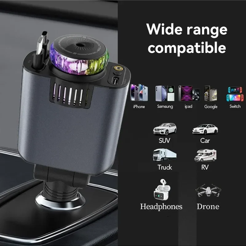 شاحن سيارة قابل للسحب 5 في 1 PD45W شحن سريع USB Type-C محول الطاقة شاحن الهاتف مع سقف ضوء النجوم سيارة الروائح
