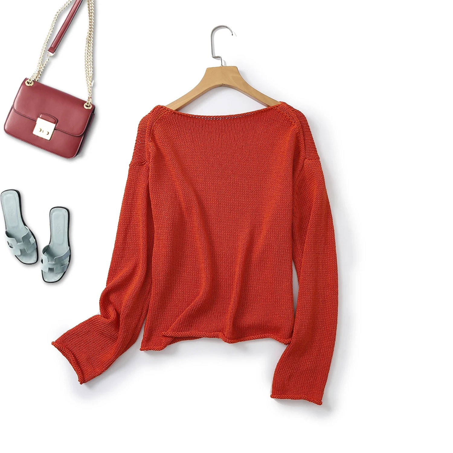 Ethereal massimo dutti winter new style of Women's red casual lazy wind relaxed light boat collar long-sleeved sweater