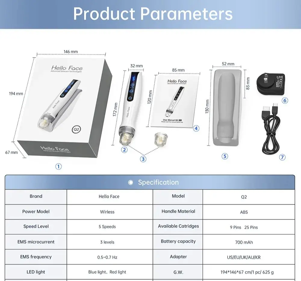 HELLO FACE-Stylo Derma EMS Q2, Électroporation Rouge, Lumière Bleue, Microneedling, Machine pour la Croissance des Cheveux, Soins de la Peau,