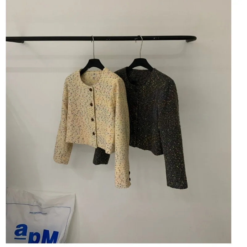 Kolorowy płaszcz w stylu retro dla kobiet na jesień, luksusowy, luźny, uniwersalny krótki tweedowy top w stylu zagranicznym.