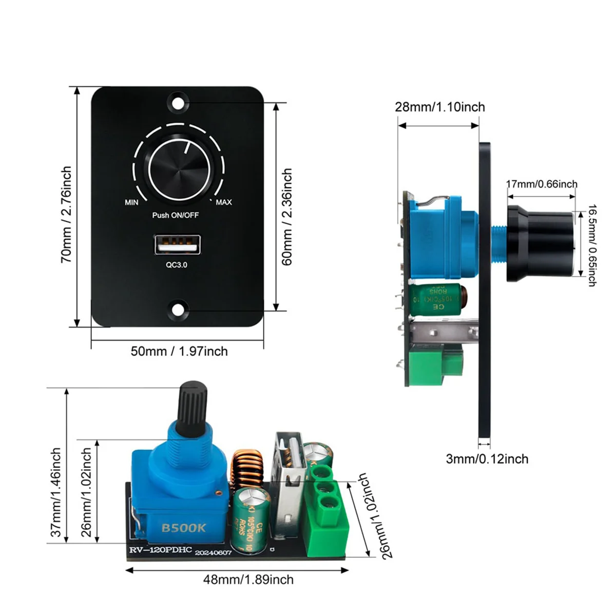 HHTL DC 12-24 V LED Dimmer PWM Dimmer Switch, 5 A 3 Wire Dimmer for LED Bulbs with USB Fast Charging QC 3.0 for RV,Boat,Truck