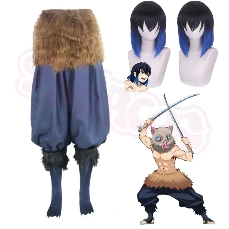 

Anime Kimetsu No Yaiba Hashibira Inosuke Cosplay Costume Demon Slayer add Wigs Package Pants Fancy Dress Pants and Apron Masks