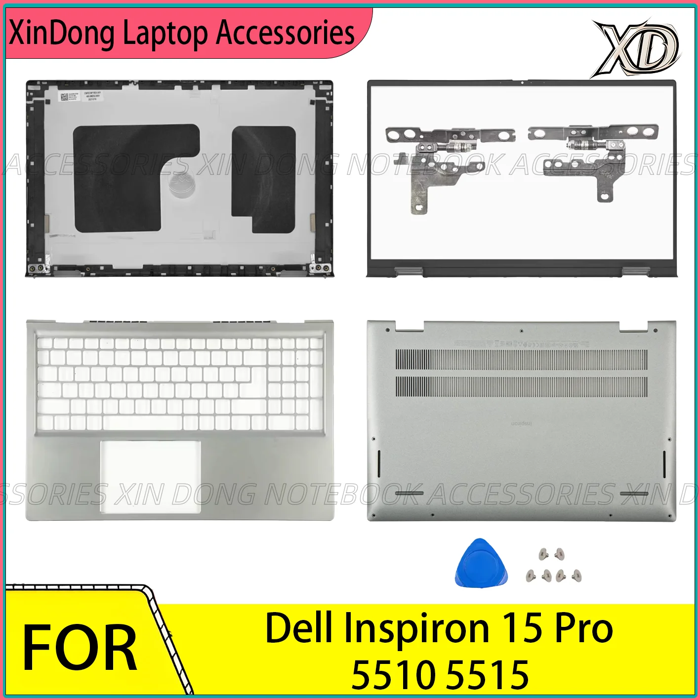 Jeu de coques en aluminium pour Inspiron 15 Pro 5510 5515, couverture arrière/lunette avant/repose-paume/boîtier inférieur/charnières-15.6 pouces