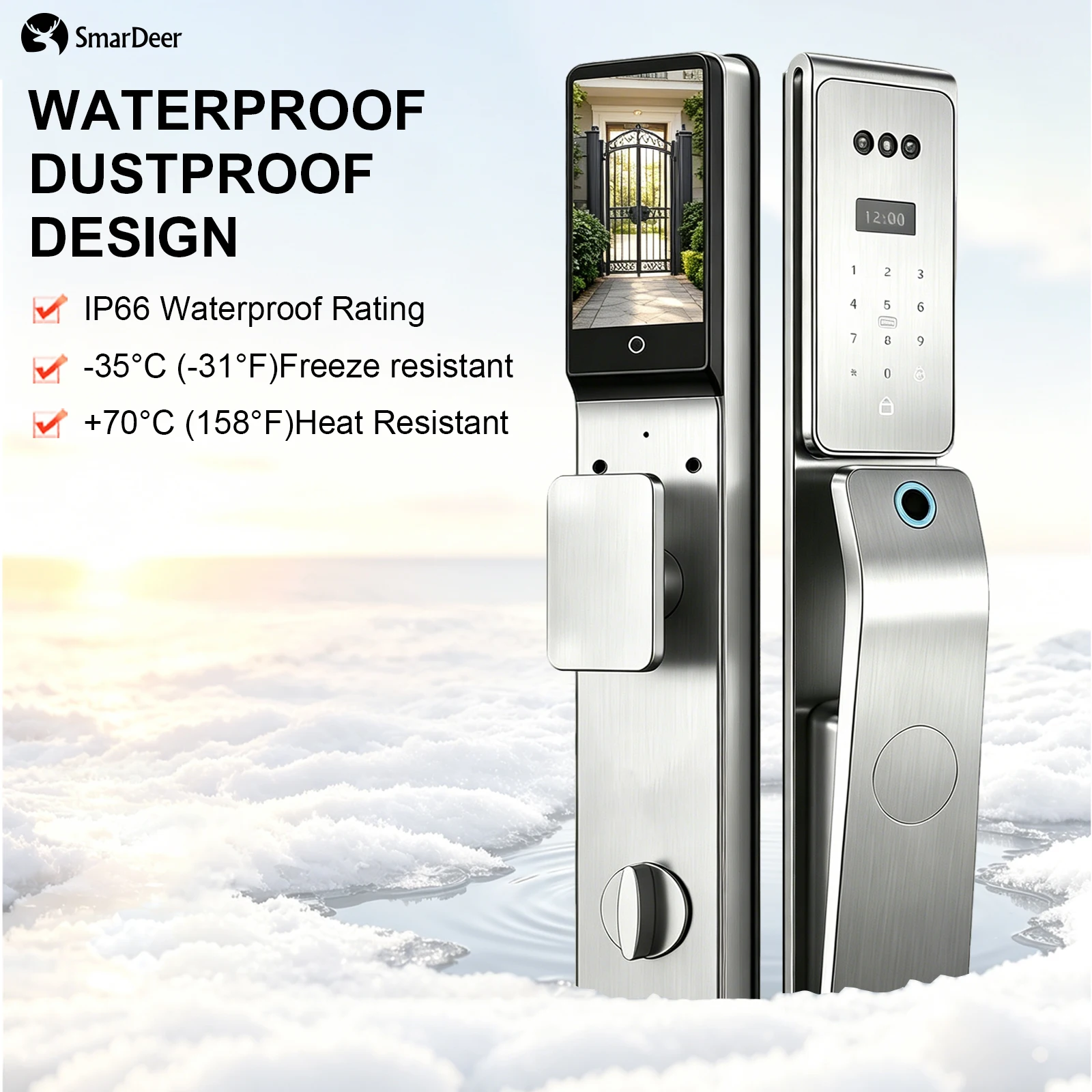 SmarDeer IP66 Outdoor Waterproof Smart Lock,3D Facial & Palm Vein Recognition Door Lock,Tuya WiFi Keyless Entry Security Lock