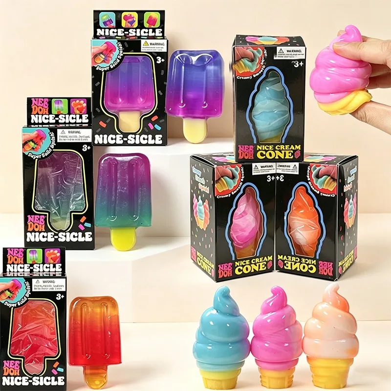 Needoh Nice Cream Cone Nice-Sicle TPR Filled Hand Grip Fidget Sensory Toy Multicolored Stretch Anxiety Heal Relax Leisure Gift