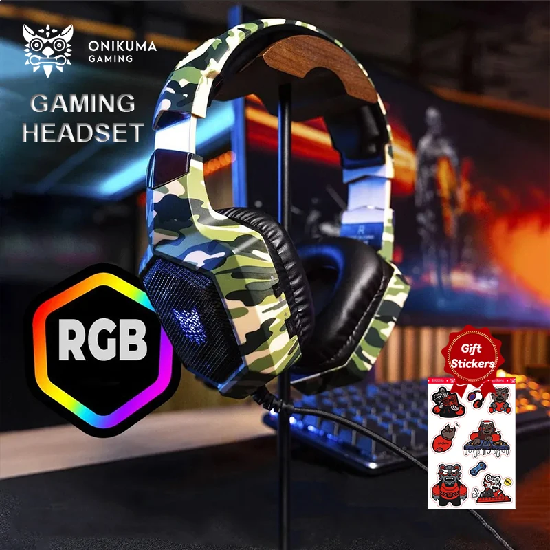 ONIKUMA Gaming Headphones with Flexible HD Mic RGB Light Surround Sound Over-Ear Wired Headset Gamer for PC PS5 Gaming Xbox K8