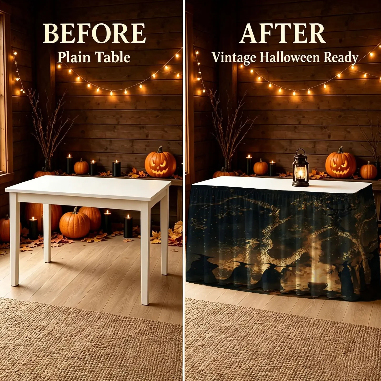 Witch silhouette tablecloth and table skirt under the black and blue moonlight tree, Halloween and Christmas party