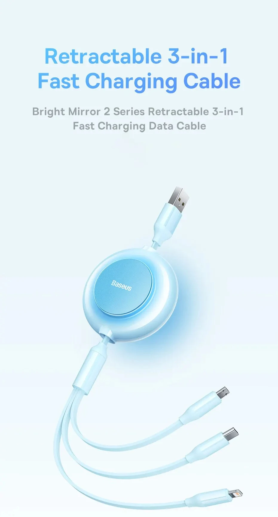 Baseus 3 in 1 Retractable USB Cable for iPhone Charger Fast Wire Charging Cable For Android Phone Type C For Xiaomi Samsung