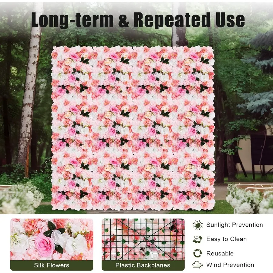 12 حزمة لوحات الحائط زهرة اصطناعية 24x16 الأبيض الوردي فو الورود زهرة اصطناعية خلفية لوحات لحدث حفل زفاف F