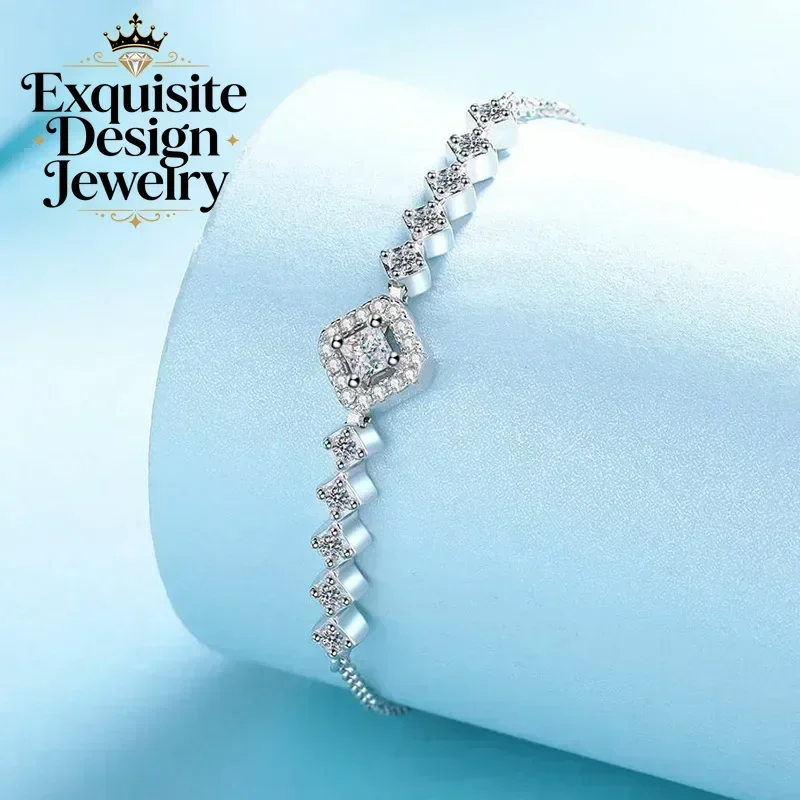 Cut Square D Color 0.7ct Full Moissanite Bracelets for Women, PT950 Platinum Luxury Chian Fine Jewelry Princess Style Party