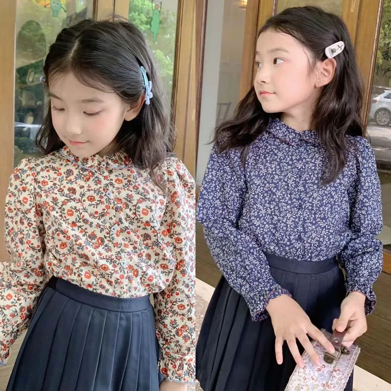 En Stock, ropa de otoño 2024, ropa para niñas, Camisa de algodón Floral, camisas de flores para niñas, ropa de Boutique para niños, blusa para niñas