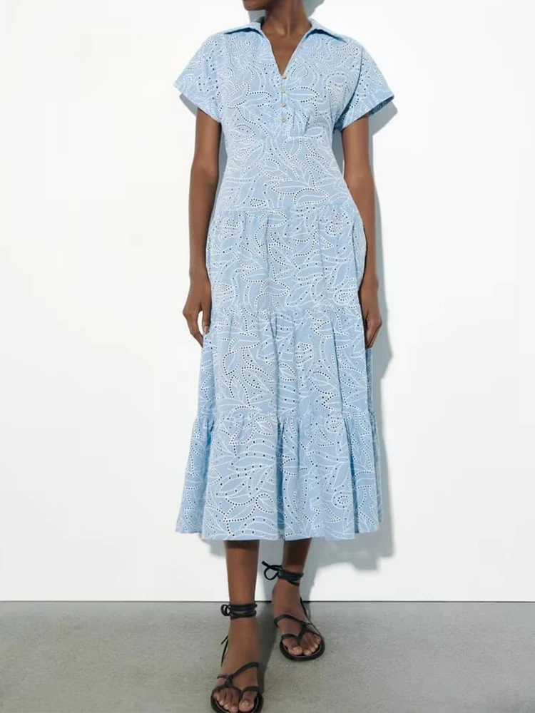 

European and American style new women's clothing spring and summer fashion casual hollow embroidery shirt dress
