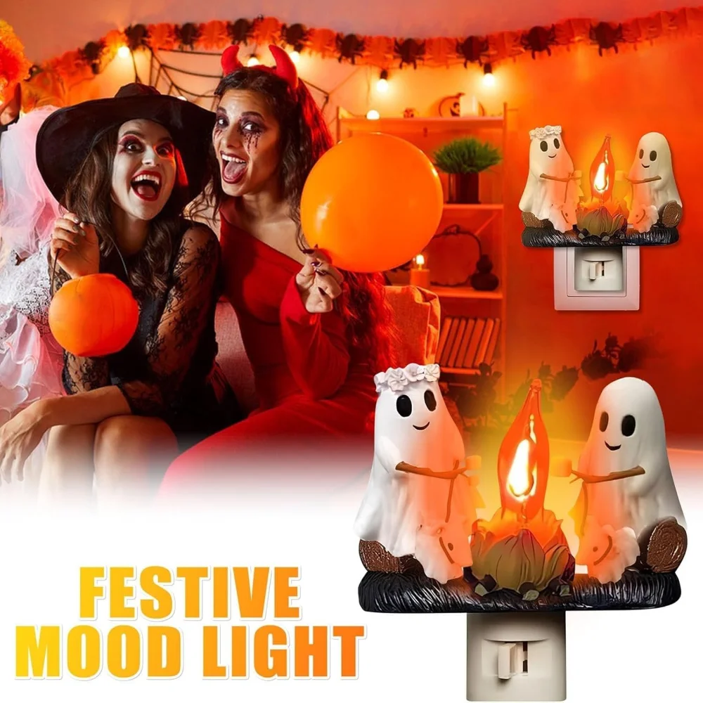 Funny Ghost Campfire Flickering Nightlight 3D Halloween Decor Ghost Bonfire Night Light Plug into Wall Faux Campfire Night Light