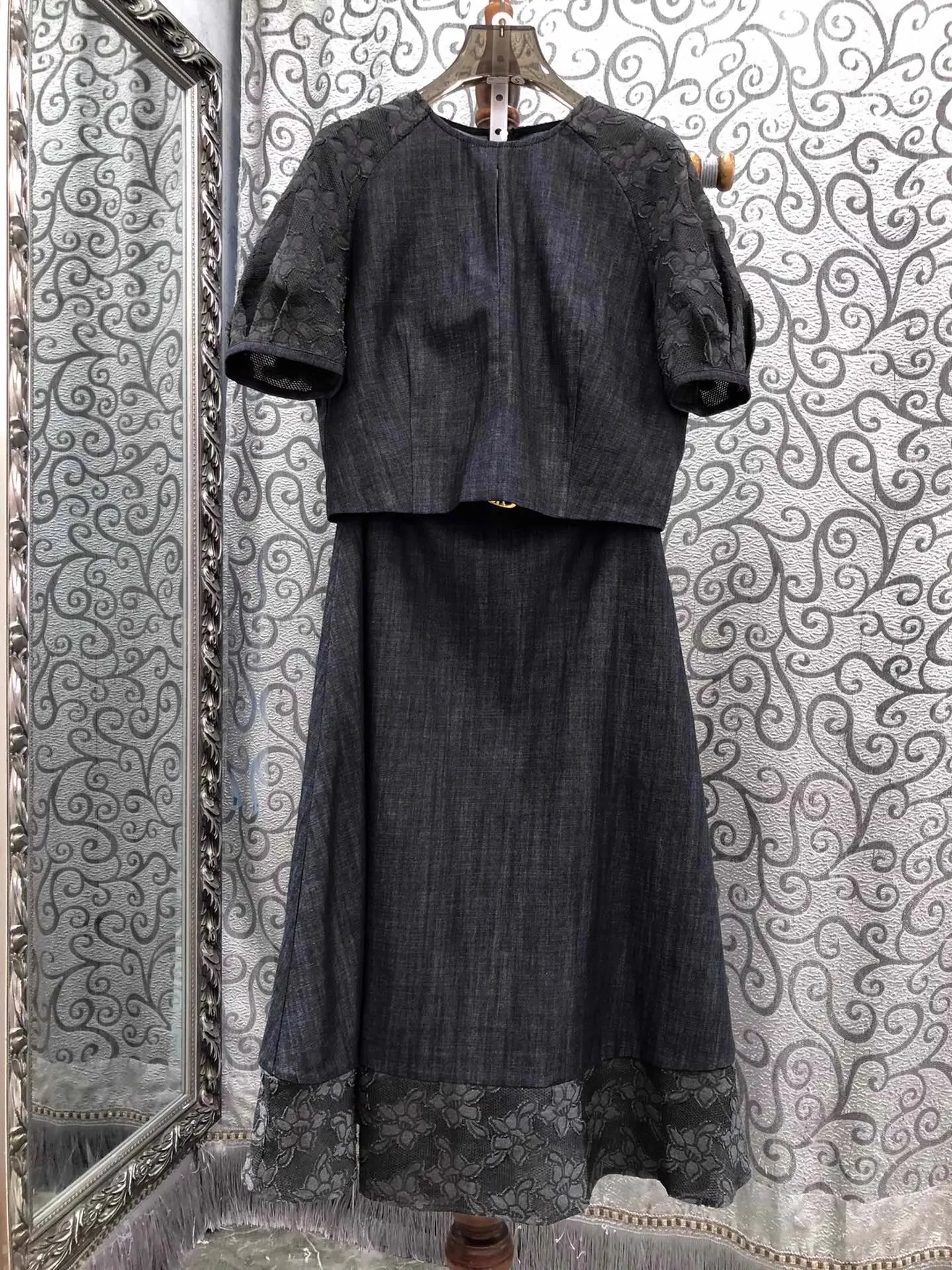 

100%Denim Skirt Suits 2025 Autumn Fashion Designer Clothes Set Lady Vintage Jacquard Floral Print Denim Tops+Jeans Skirt Sets