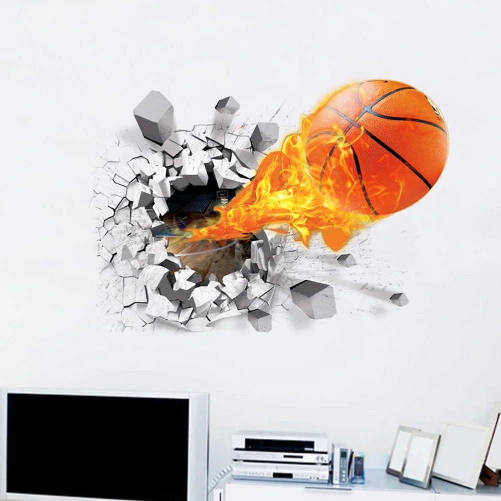 3D Self Adhesive Removable Break Through The Wall Vinyl Wall Stickers Ball Is Life Basketball Wall Decal for Boys Bedroom