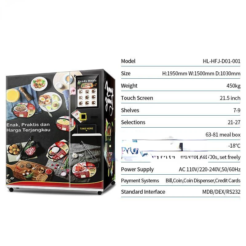 Hot and Frozen Food Vending Machine, Bill Cash e Card Reader, 21.5 Polegada Touch Screen