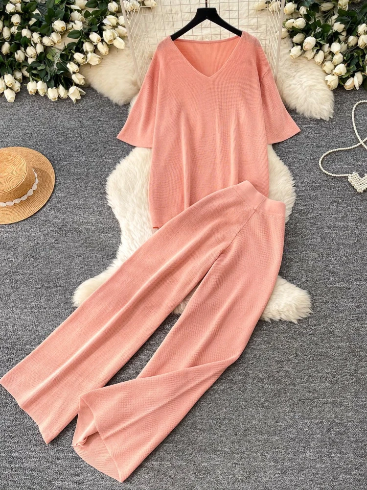 

Lazy style fashionable knitted two-piece set women's summer new V-neck short sleeved top high waist wide leg pants solid set
