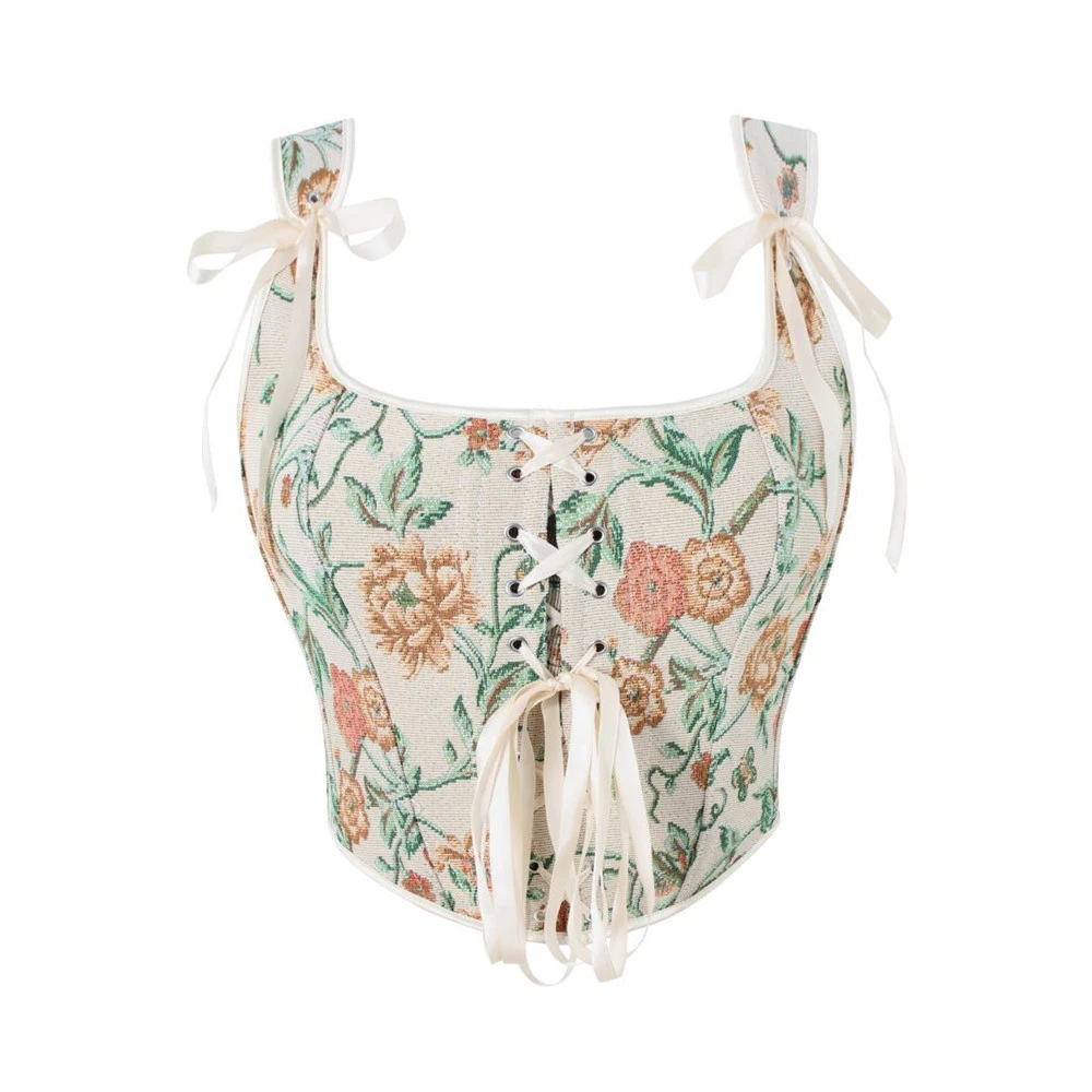 

Victorian Vintage Corset Vest French Style Floral Printing Goth Camisole Double Strap Sling Chest Support Body Shapewear