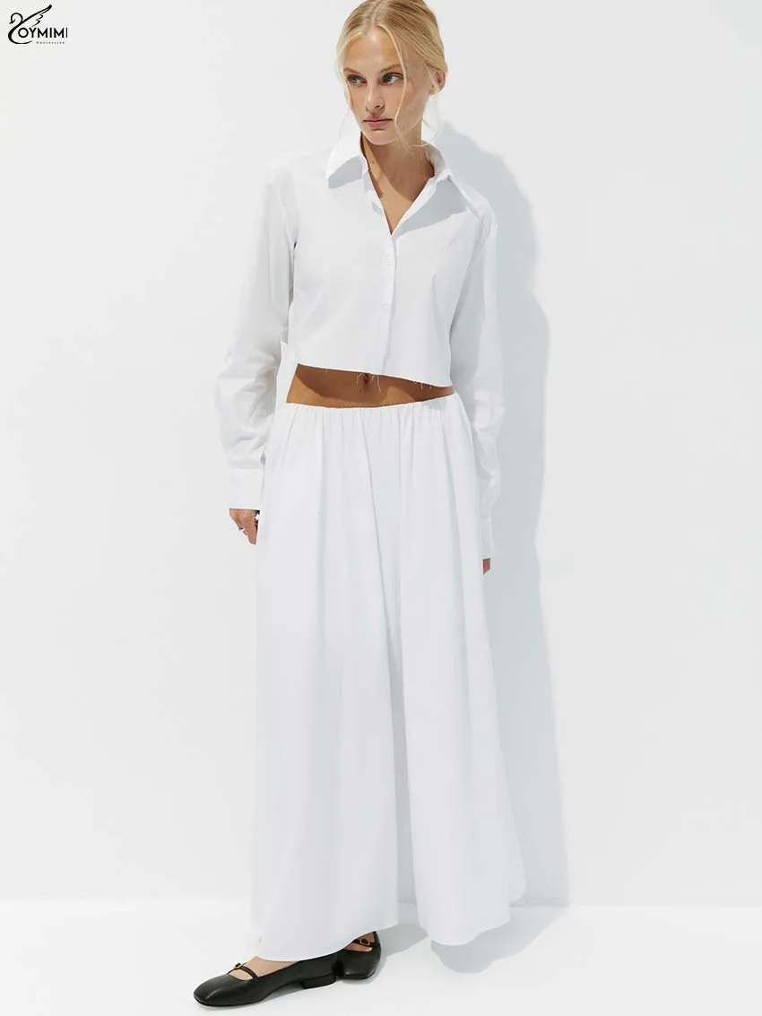 

Oymimi Fashion White Cotton Woman 2 Piece Set Outfit Elegant Long Sleeve Button Crop Shirts And Loose Ankle-Length Skirts Sets