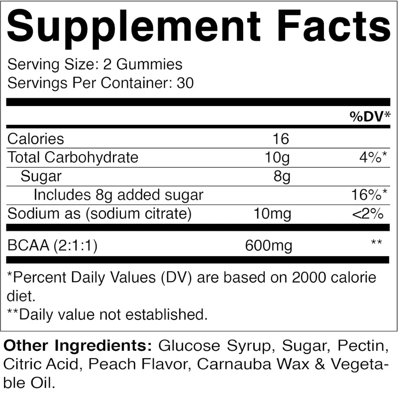 BCAA Gummies - Branched Chain Amino Acid Supplements -600mg-60 Servings of Pure Pectin Gummies Per Serving