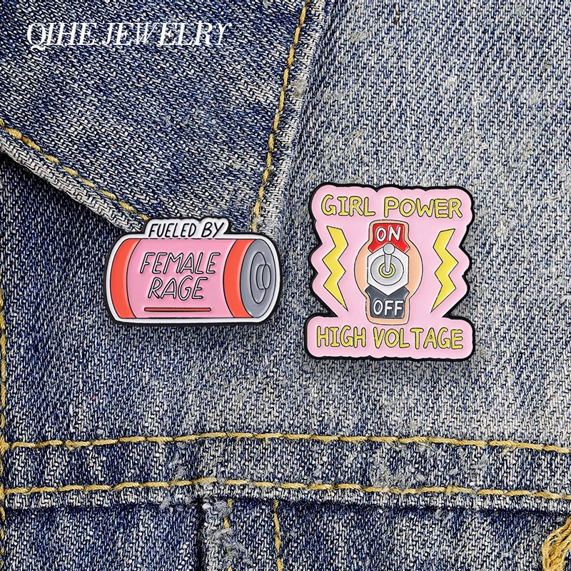 Fueled By Female Rage Battery Feminist Power Badge Girl Power High Voltage Switch Enamel Pin Brooch Lapel Bag Badge Jewelry Gift