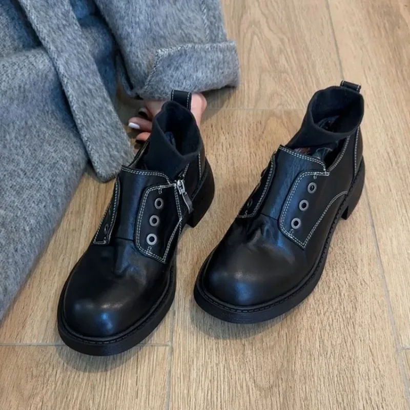 

Side Zipper Loafers Women's Black Leather Platform Thick Heel Single Shoes Versatile British Small Leather Shoes