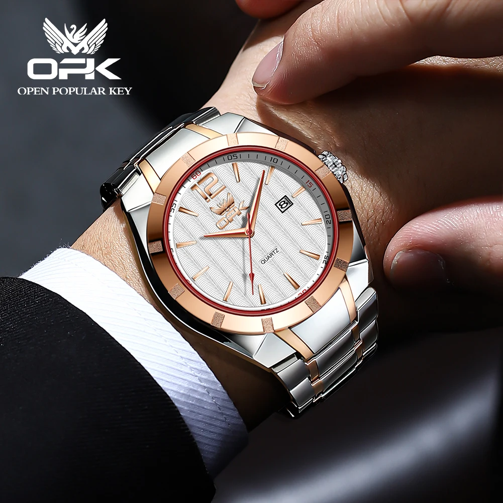 ساعة كوارتز من الفولاذ المقاوم للصدأ للرجال من OPK ، مقاومة للماء ، تقويم ، كلاسيكي ، عمل ، علامة تجارية فاخرة