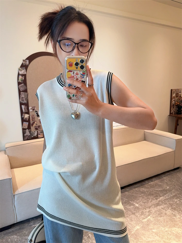 

SDNINEHOME Casual Lazy Sle Women's Knitted Top Svel round Ne Splicing Design Summer Mid-Length Polyester Blend