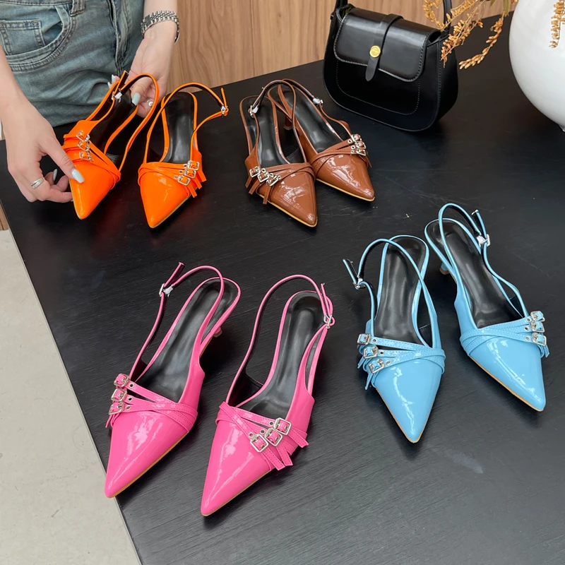 Orange Ladie Pumps Pink High Heels Sexy Pointed Toe Slingback Shoes Women Belt Buckle Low Heel Summer Office Shoes Blue